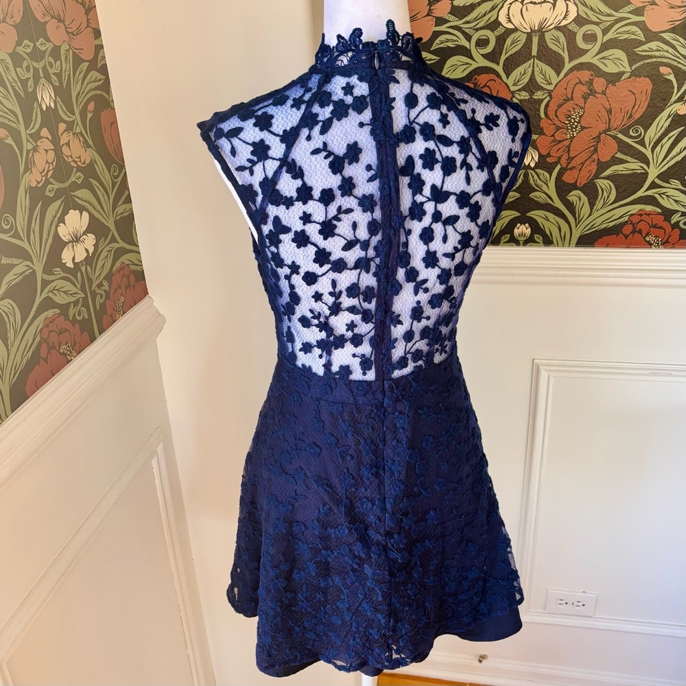 BB Dakota Navy Embroidered Illusion Lace Fit & Flare Dress Sheer Back Y2K